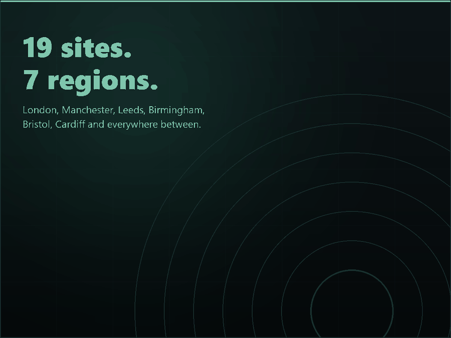 Animated panel: nineteen Aurelis Care sites across seven UK regions — London, Manchester, Leeds, Birmingham, Bristol and Cardiff
